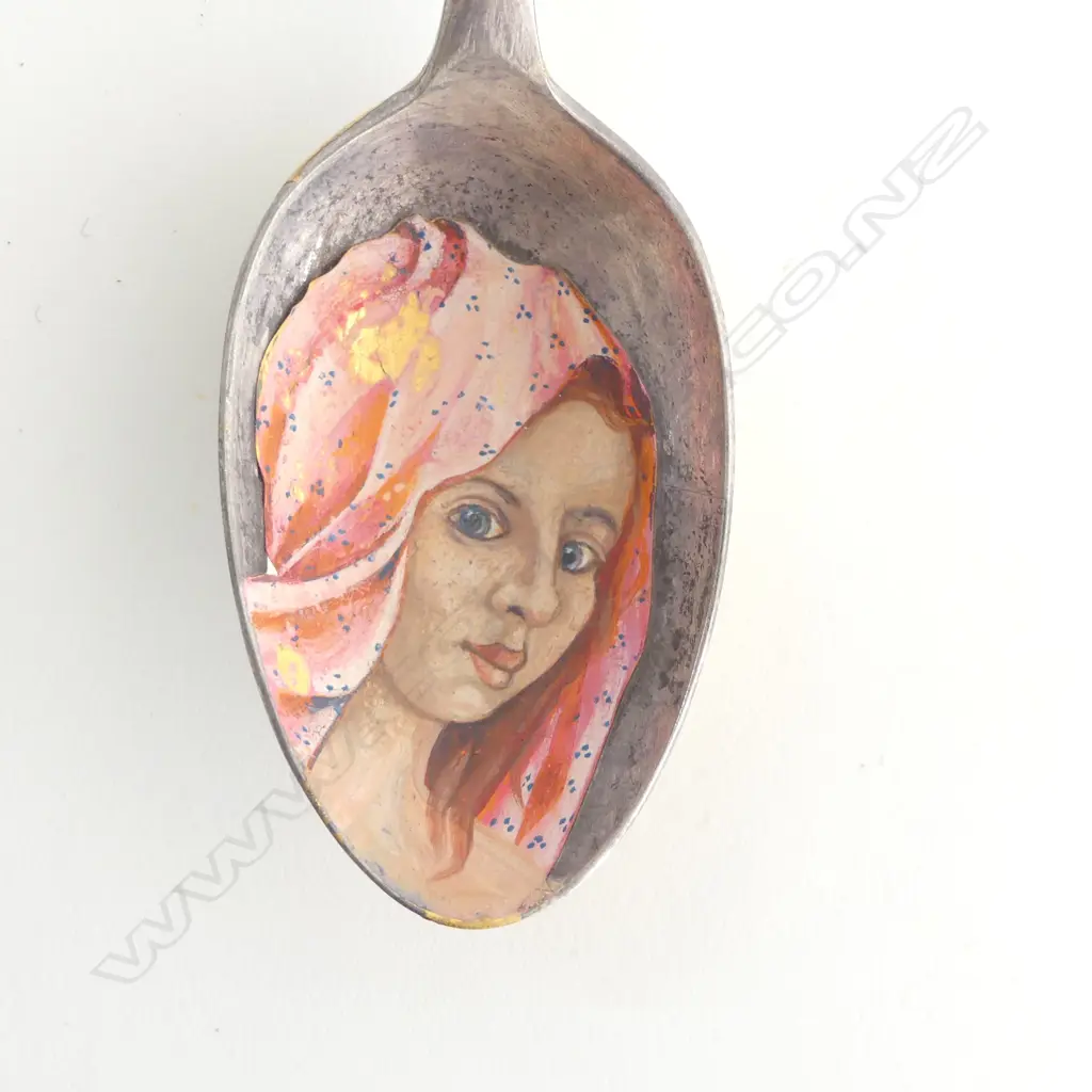 CAROLYN MCCONDACH PAINTED SILVER plate SPOON & ANTIQUE CRUMB CATCHER WITH HAND PAINTING AFTER INGRES  Image 1++