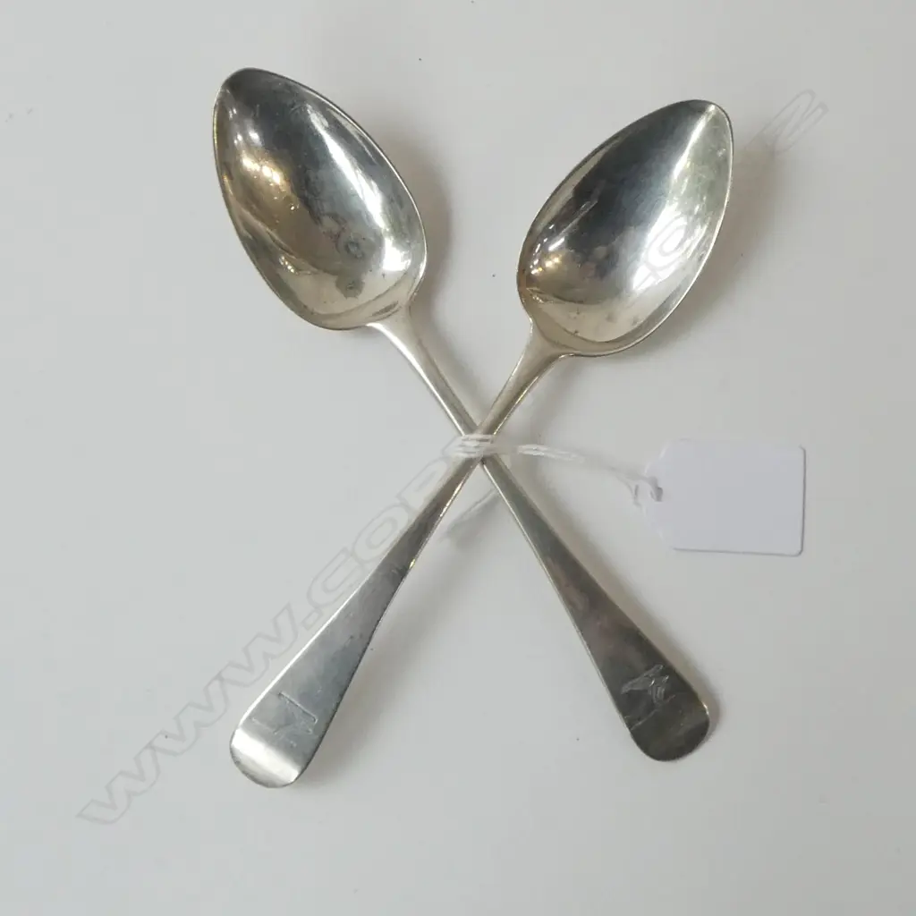 2 GEORGIAN S/SILVER MONOGRAMED DESSERT SPOONS 71GMS Image 1++