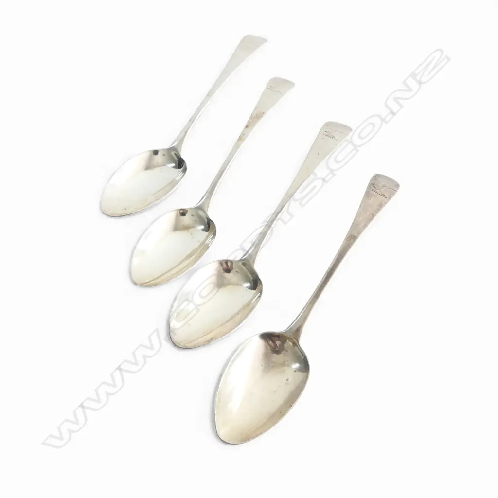 4 GEORGIAN S/SILVER AMOURIALED DESSERT SPOONS 140GMS Image 1++