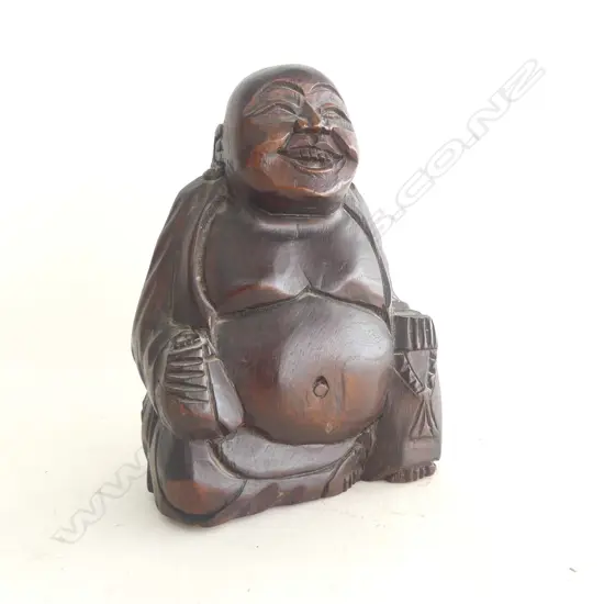 CARVED WOODEN LAUGHING BUDDHA, H.220mm