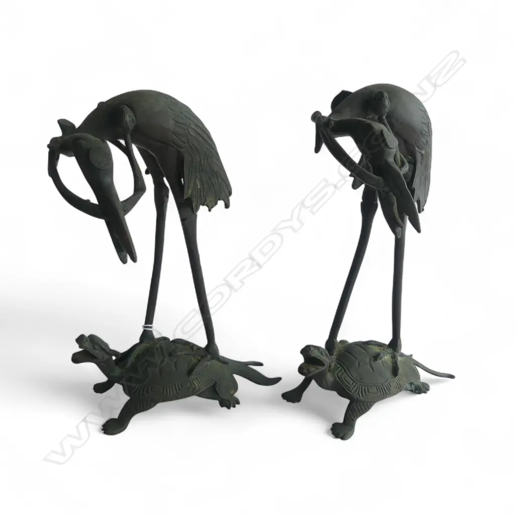 PR of early 20thC ORIENTAL (Japanese) BRONZE CRANES ON TURTLES BACKS H.230mm Image 1++