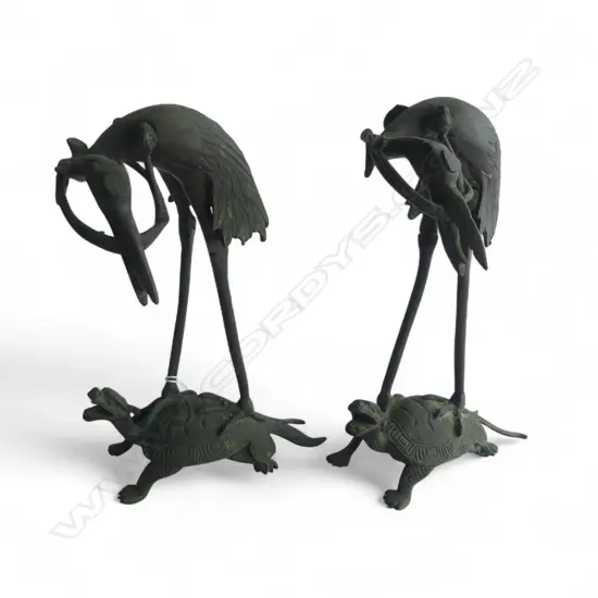 PR of early 20thC ORIENTAL (Japanese) BRONZE CRANES ON TURTLES BACKS H.230mm