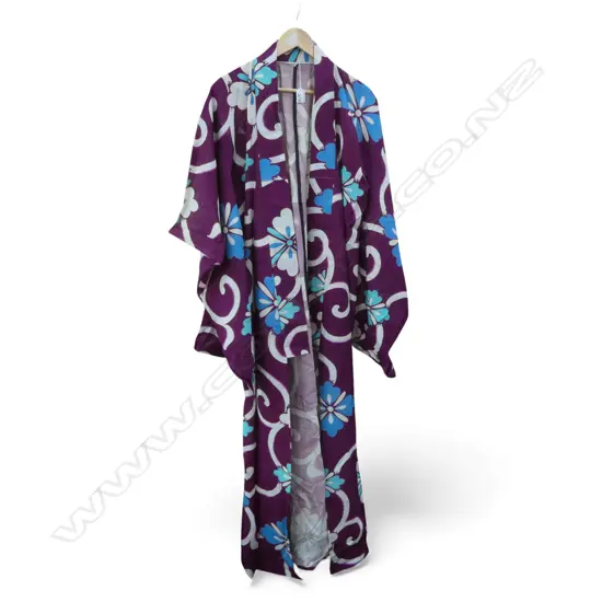 VINTAGE FULL LENGTH JAPANESE SILK KIMONO - PURPLE / BLUE & WHITE - NO LINING