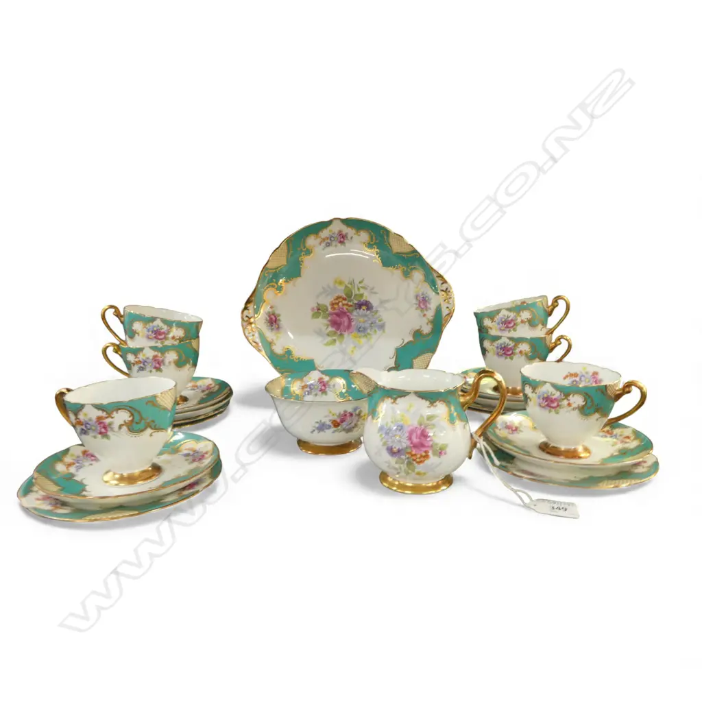 SHELLEY CHINA TEASET 6CSPS C/SUGAR & CAKE PLATE TOUQUOISE FLORAL PAT Image 1++