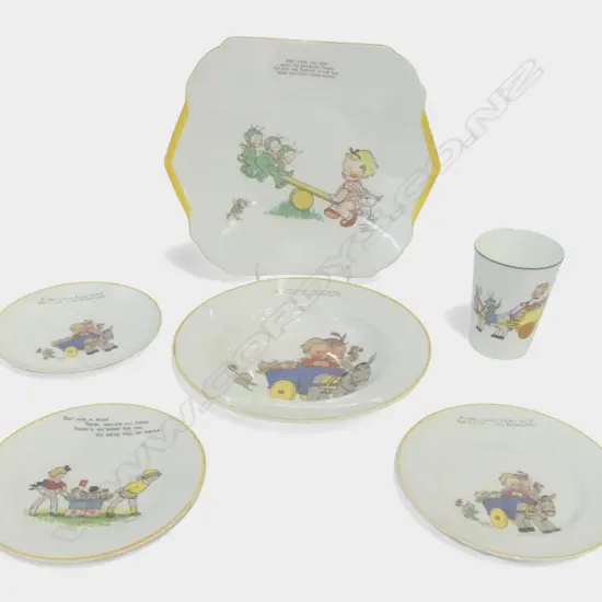 SHELLEY CHINA: Illustrations by MABEL LUCY ATTWELL 4 PLATES BEAKER + SHELLEY PLATE by Hilda Cowham