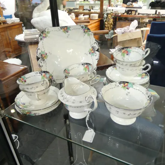 SHELLEY CHINA TEASET 6CSPS C/SUGAR & CAKE PLATE DECO FRUIT PAT