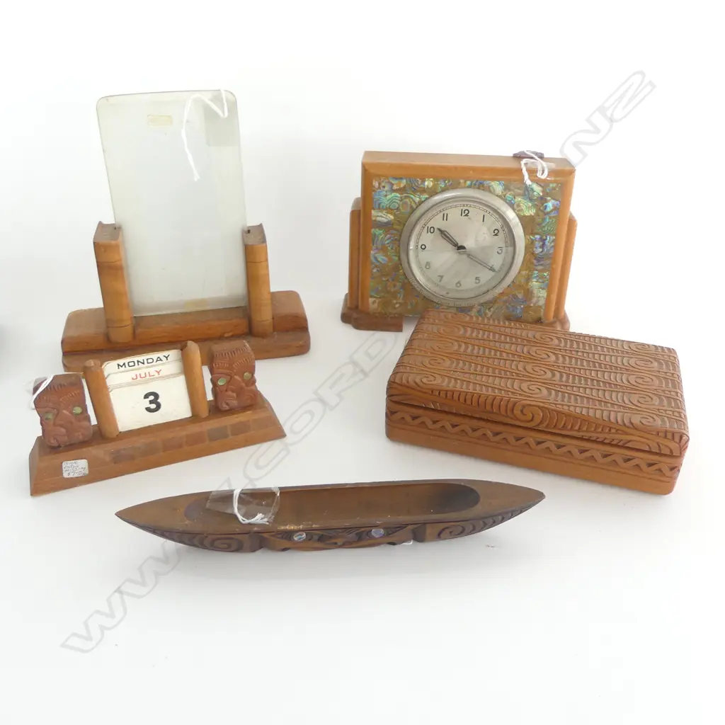 5 VINTAGE NZ WOODS PCES: clock w glass a.f + picture frame + calendar + Maori carved box & model waka Image 1++