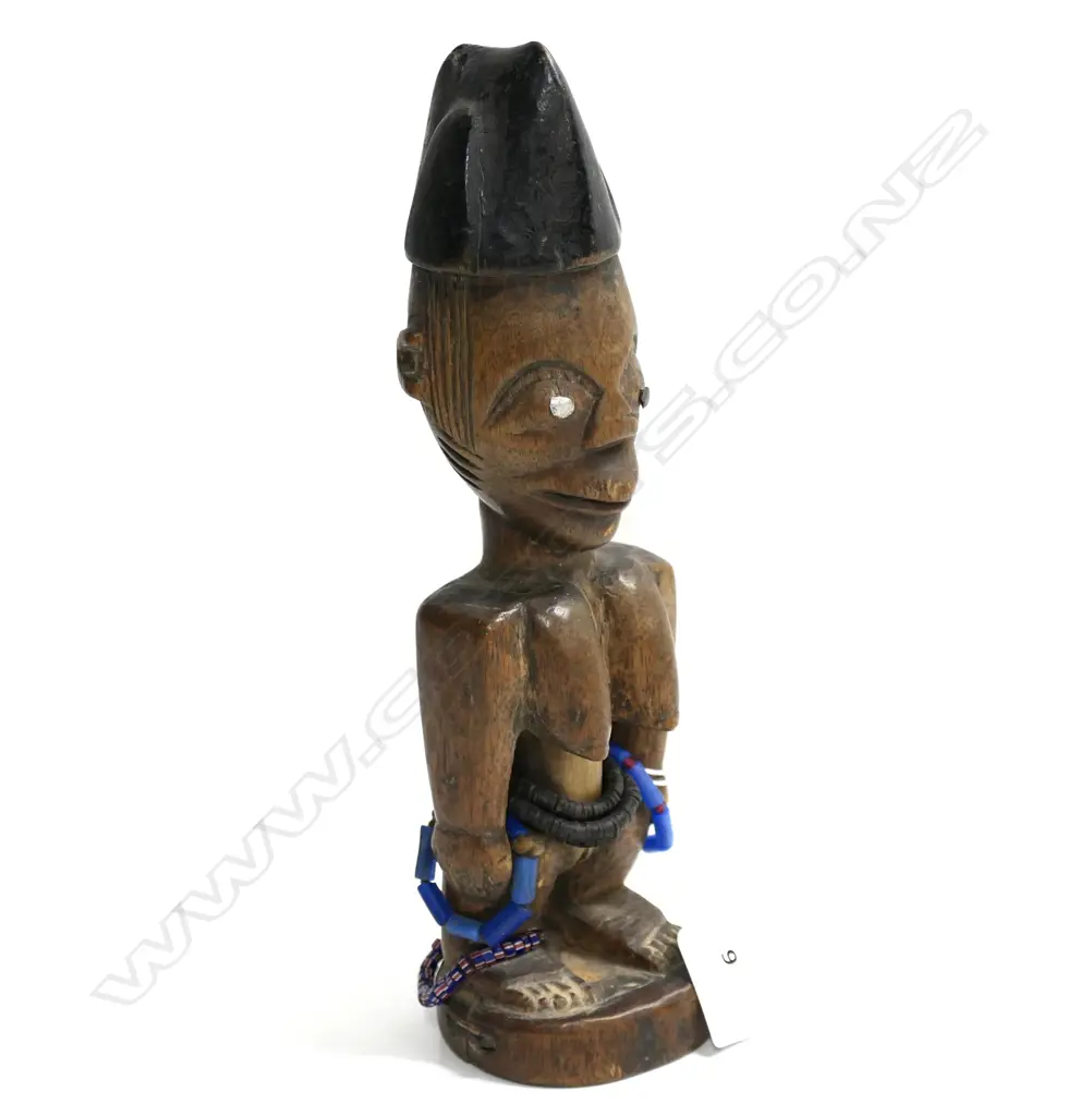 YORUBA BENIN ERE IBEJI WOOD CARVED FIGURE, blue & black & coloured glass bead necklace & bracelets, Nail eyes, H.250mm Image 1++