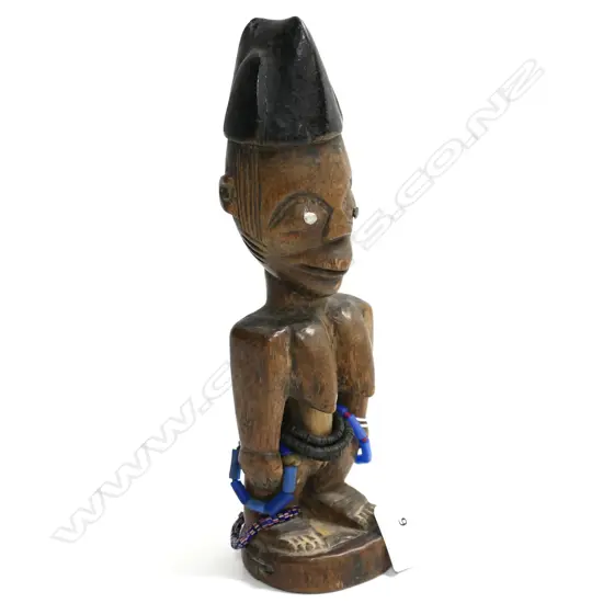YORUBA BENIN ERE IBEJI WOOD CARVED FIGURE, blue & black & coloured glass bead necklace & bracelets, Nail eyes, H.250mm