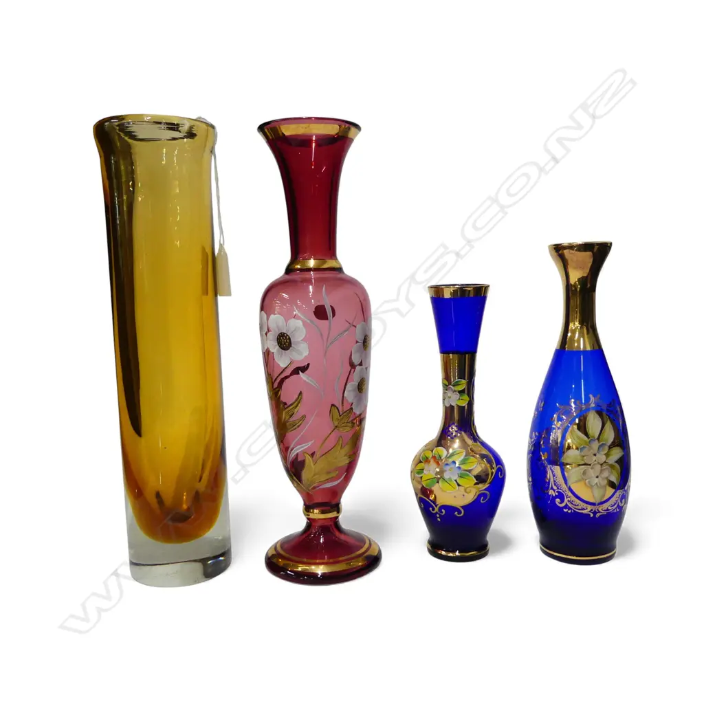 4 GLASS VASES; 3 VENETIAN + AMBER H.315mm Image 1++