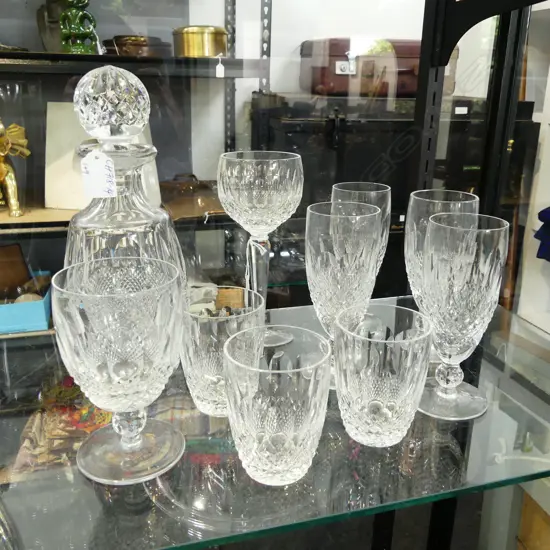 ASST. WATERFORD 'COLLEEN' PATTERN CRYSTAL: Decanter w tiny chip + 9 various drinking glasses