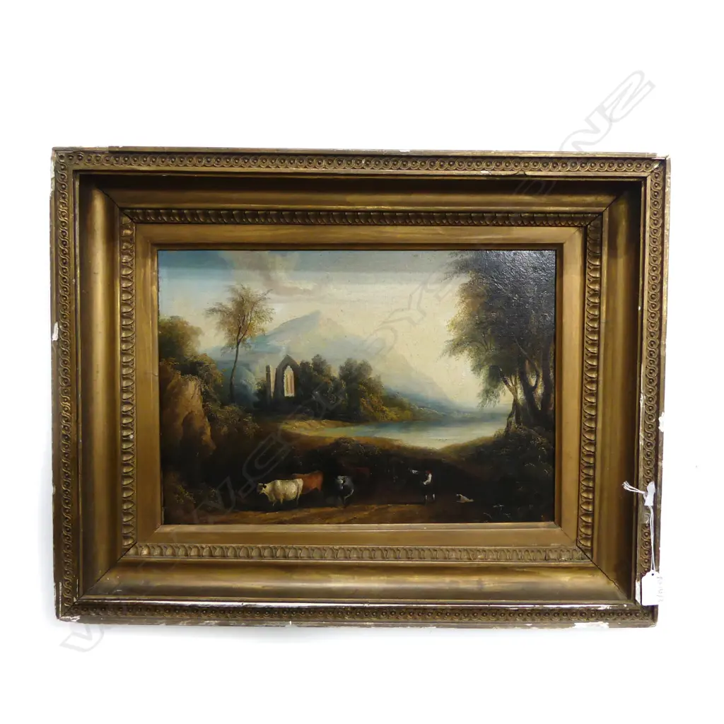 ANTIQUE 18/19thC PASTORAL LANDSCAPE OIL ON BOARD 310x450mm named 'BOTH' to reverse Image 1++