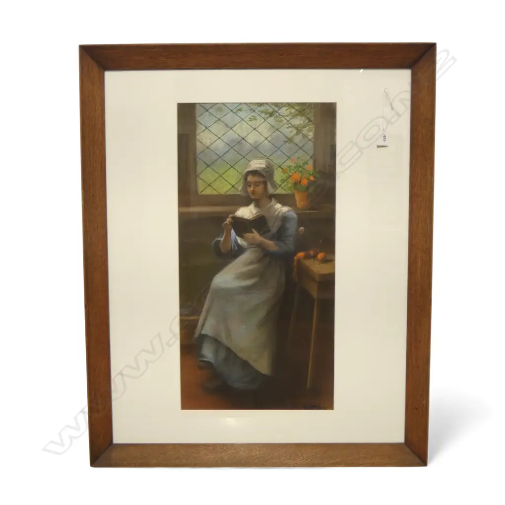 C.1900 PASTEL ARTWORK seated reading woman610 x 310mm Image 1++