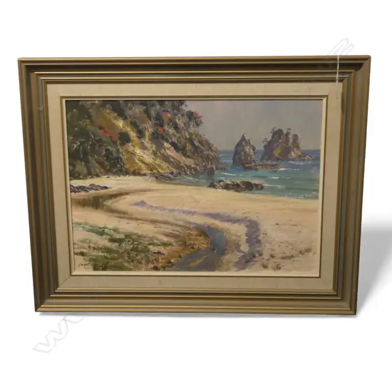 JOHN SPEEDY OIL PAINTING 'Coromandel Coastline Otama 1989' Signed Labelled verso 380 x 540mm