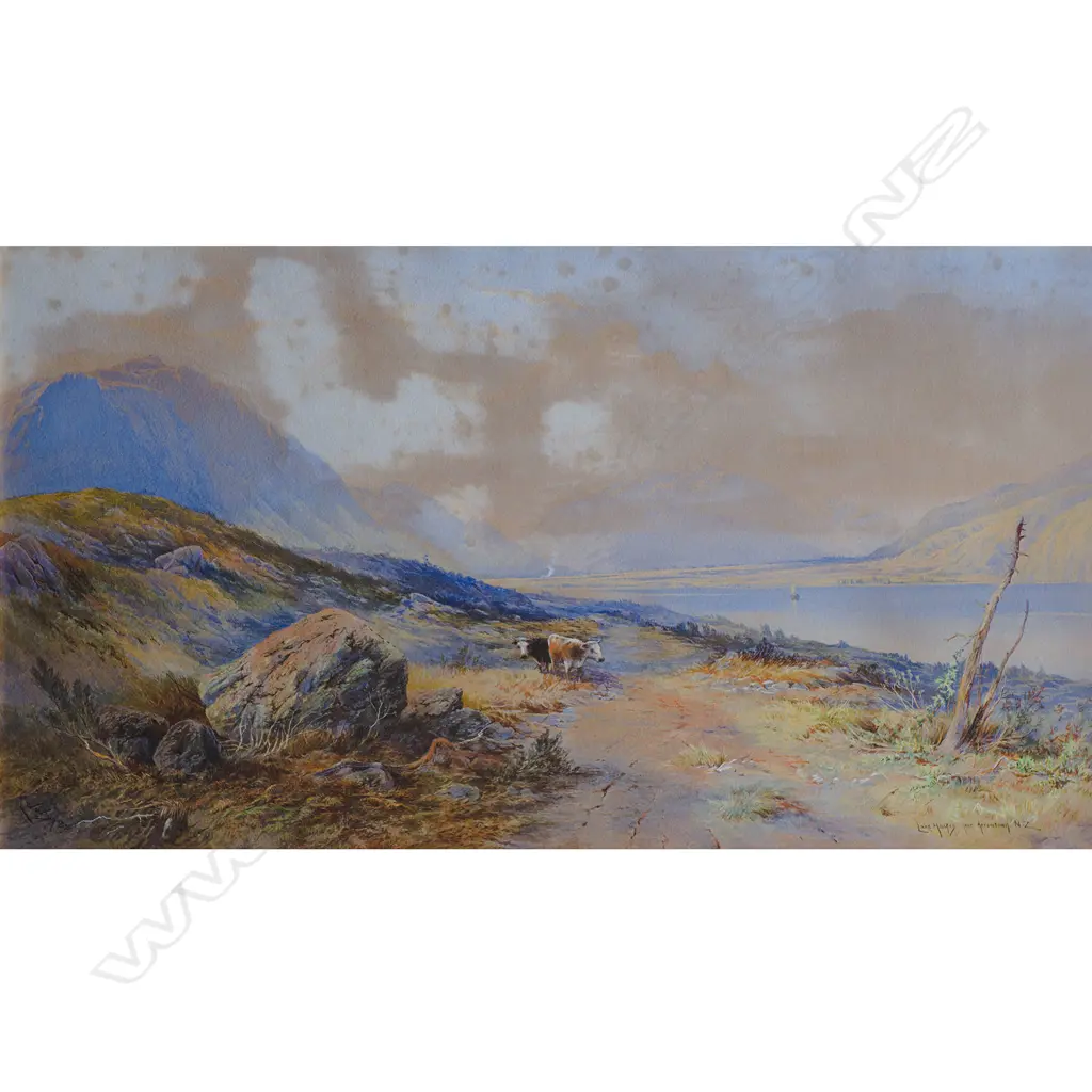 LW WILSON 'LAKE HAYES NEAR ARROWTOWN, N.Z', WATERCOLOUR & GOUACHE 1886, 390 x 710mm (A/F) Image 1++
