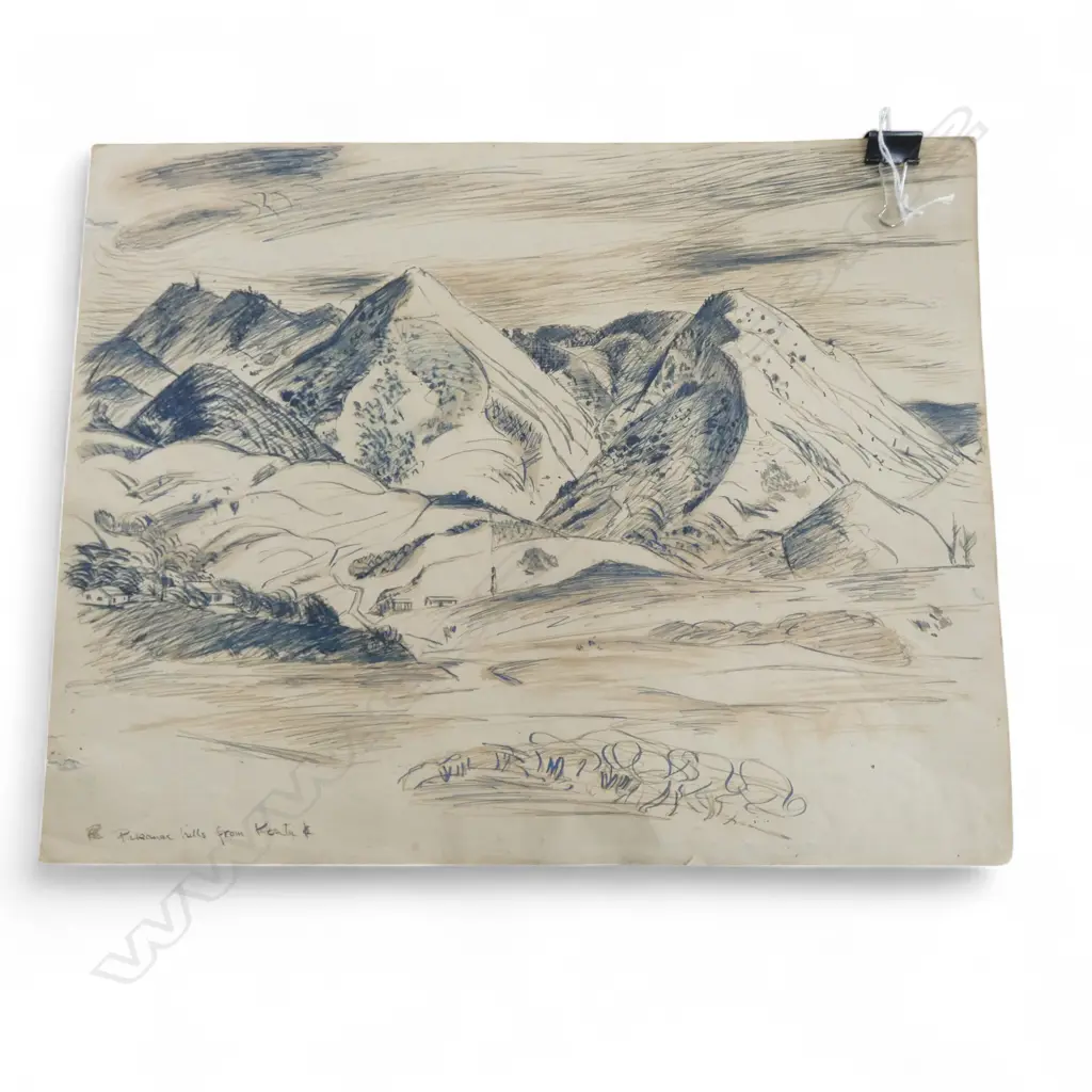 RUSSELL CLARK 'PAKANE HILLS FROM KOUTU' INK ON PAPER 335x420mm Image 1++