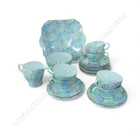 21 PCE SHELLEY 'MELODY' TEA SET; 3 TRIOS, CAKE PLATE, MILK & SUGAR