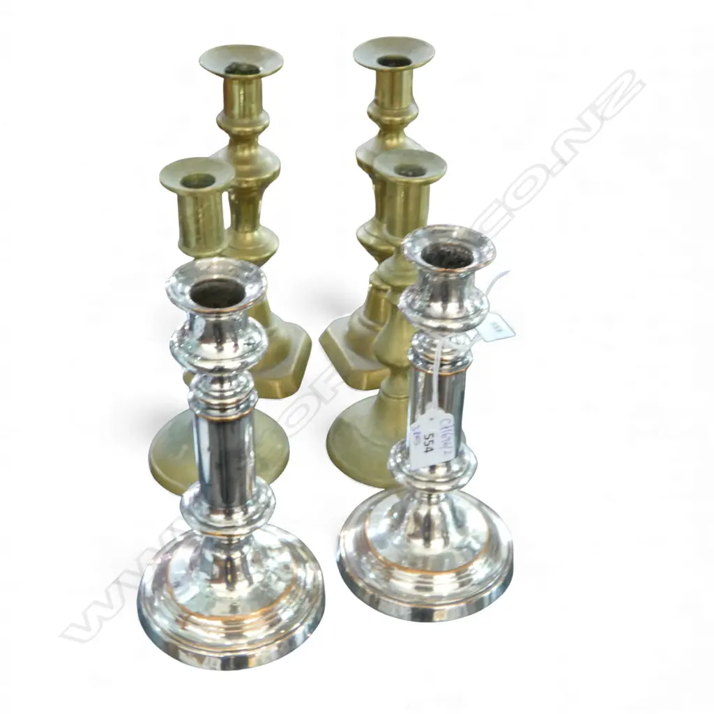 3 PRS CANDLESTICKS; 2 BRASS + SILVER OVER COPPER H.200mm Image 1++