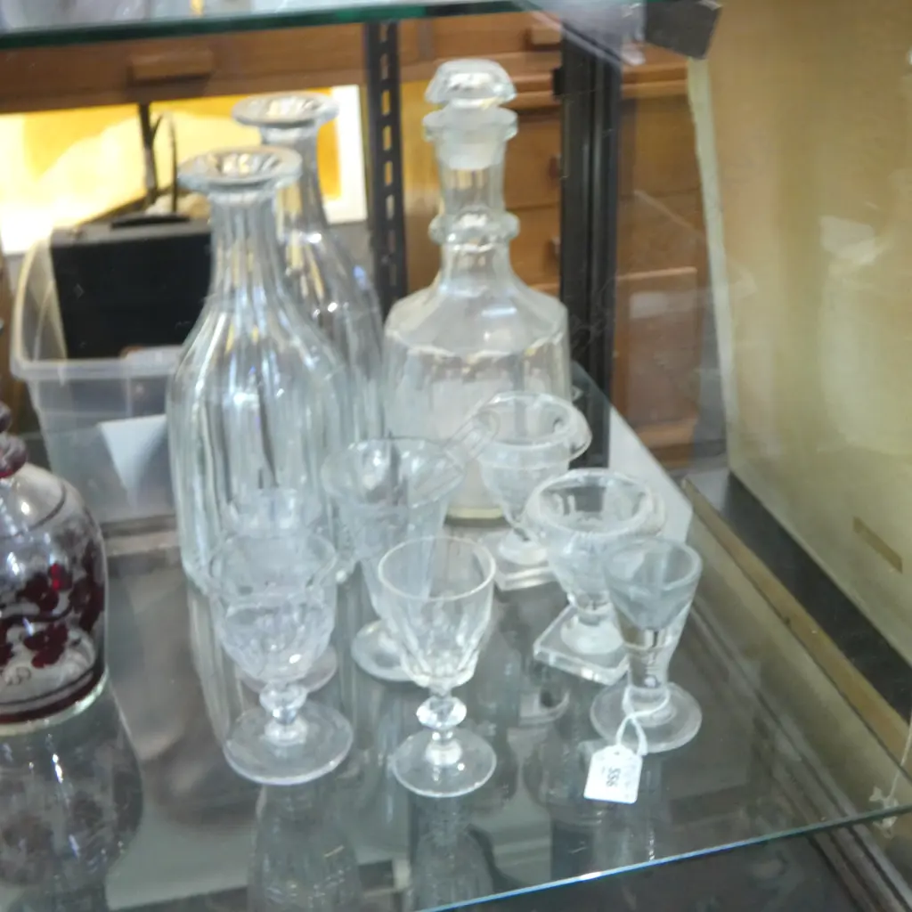 3 ANTIQUE DECANTERS (PR +1) H.250mm RIM CHIPS + 5 GLASSES & PR SALTS Image 1++