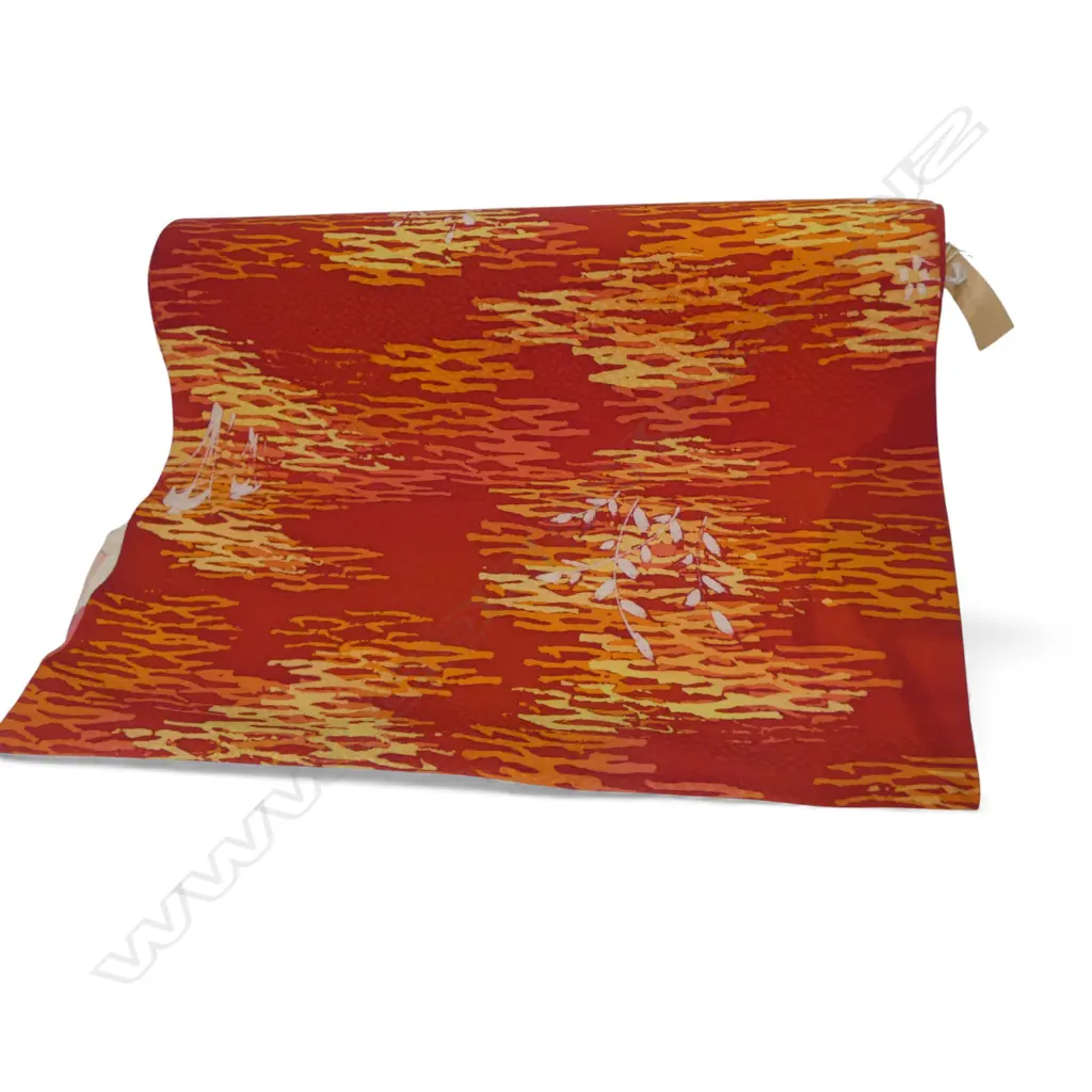 1980's NISHIJIN TEXTILE (Kyoto) JAPANESE ROLL OF PATTERNED SILK L.12m.W.360mm. New/old stock red/orange/yellow landscape Image 1++