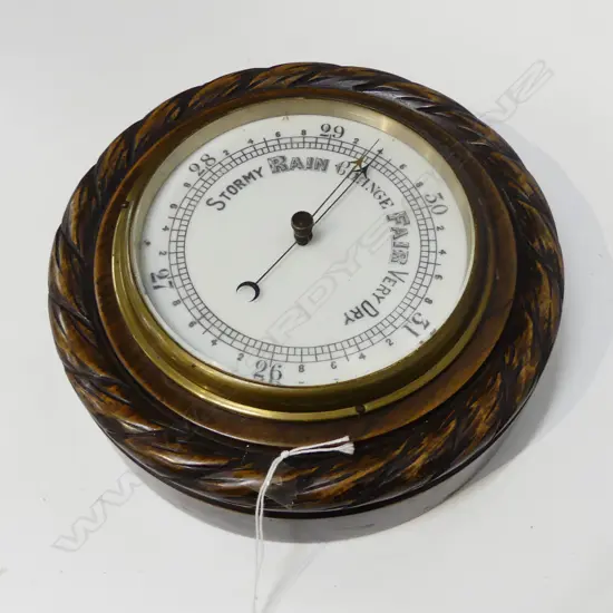 ANTIQUE ROUND WOOD CARVED ROPE EDGED BAROMETER DIA 240MM