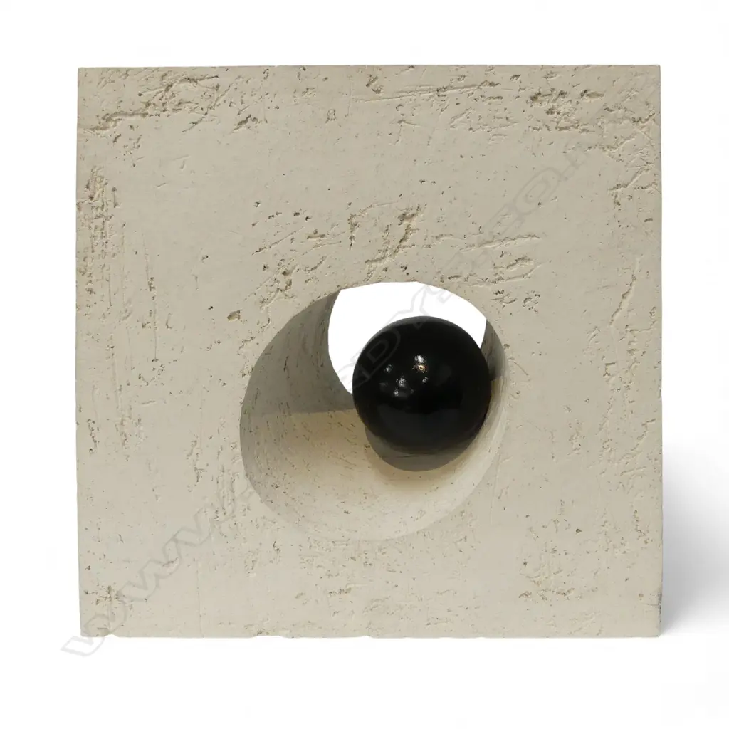 LIGHT WEIGHT CEMENT SCULPTURE angular block w tapered hole & black ball. 355 x 105 x 325mm. Image 1++