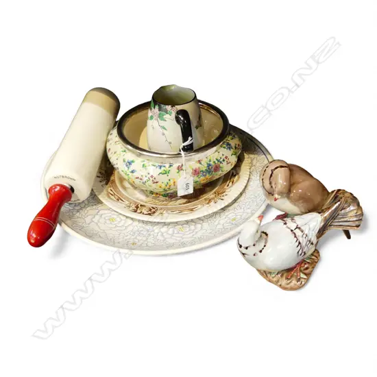 5 PCES CHINA; ROLLING PIN L.440mm, PLATE, CHINTZ BOWL, SHELLEY JUG, PIGEON ORNAMENT