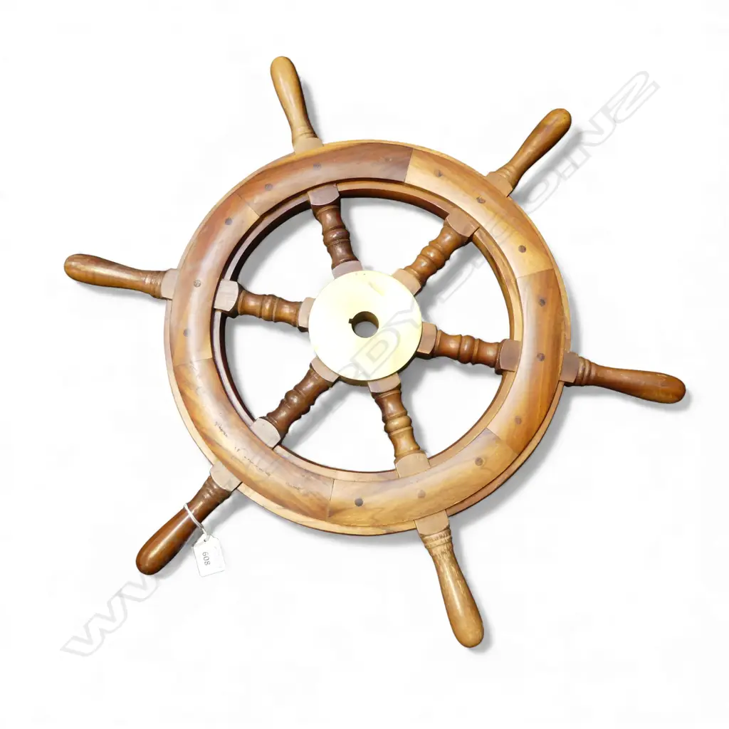 Mahogany ship's wheel turned 6 spoke with brass central fitting. Dia.610mm. Image 1++