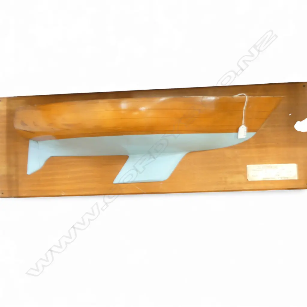Vintage Kauri half yacht model 'Anastasia 30 Designed by G.F. Appleby L.O.A. 30'5"...' on mahogany backing board Image 1++