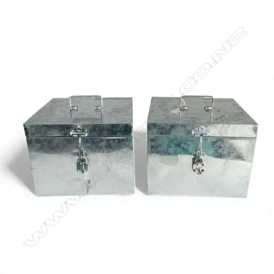 2 TIN BOXES w. LOCKS 305x305x235mm