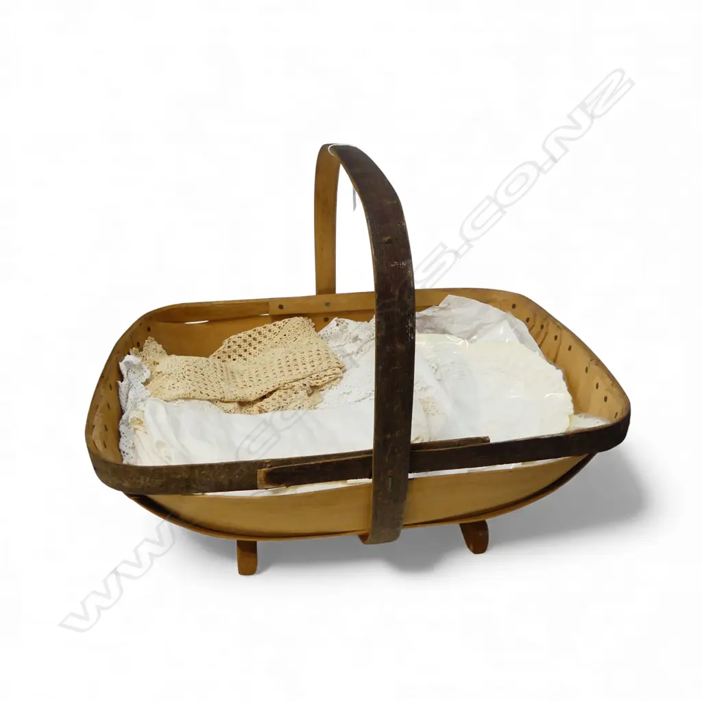 HAND MADE WOODEN FLOWER TRUG L530MM & COLLECTION OF LINEN TABLE CLOTHES ETC Image 1++