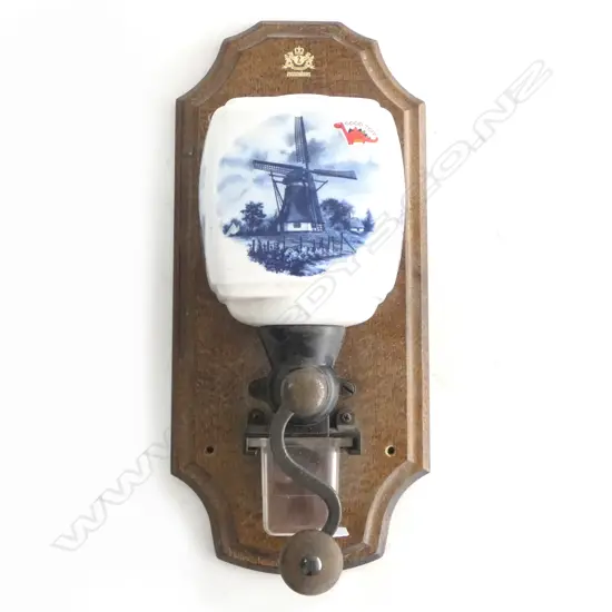 VINTAGE DUTCH BLUE & WHITE WALL MOUNTED COFFEE GRINDER H.400mm