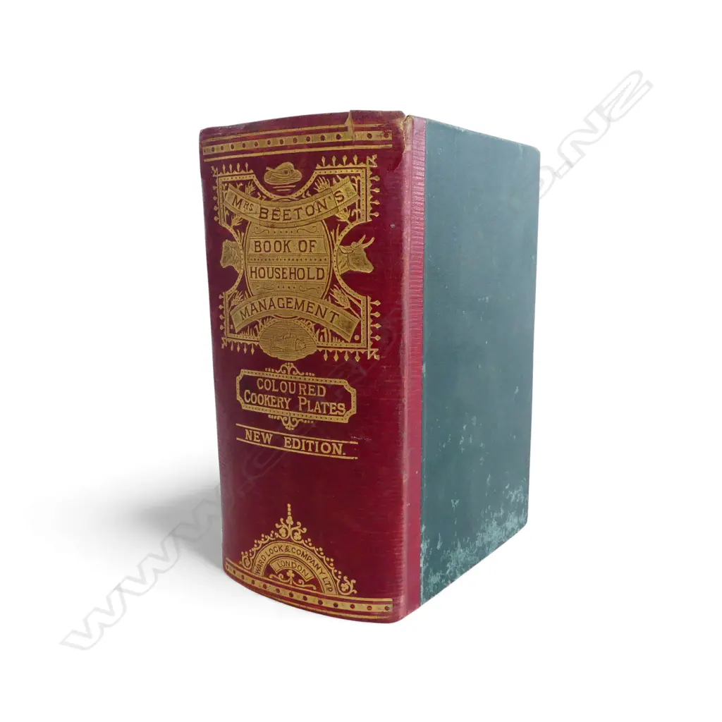 'MRS BEETON'S BOOK OF HOUSEHOLD MANAGEMENT' 1901 red leather & gilt spine 'Coloured Cookery plates' Image 1++