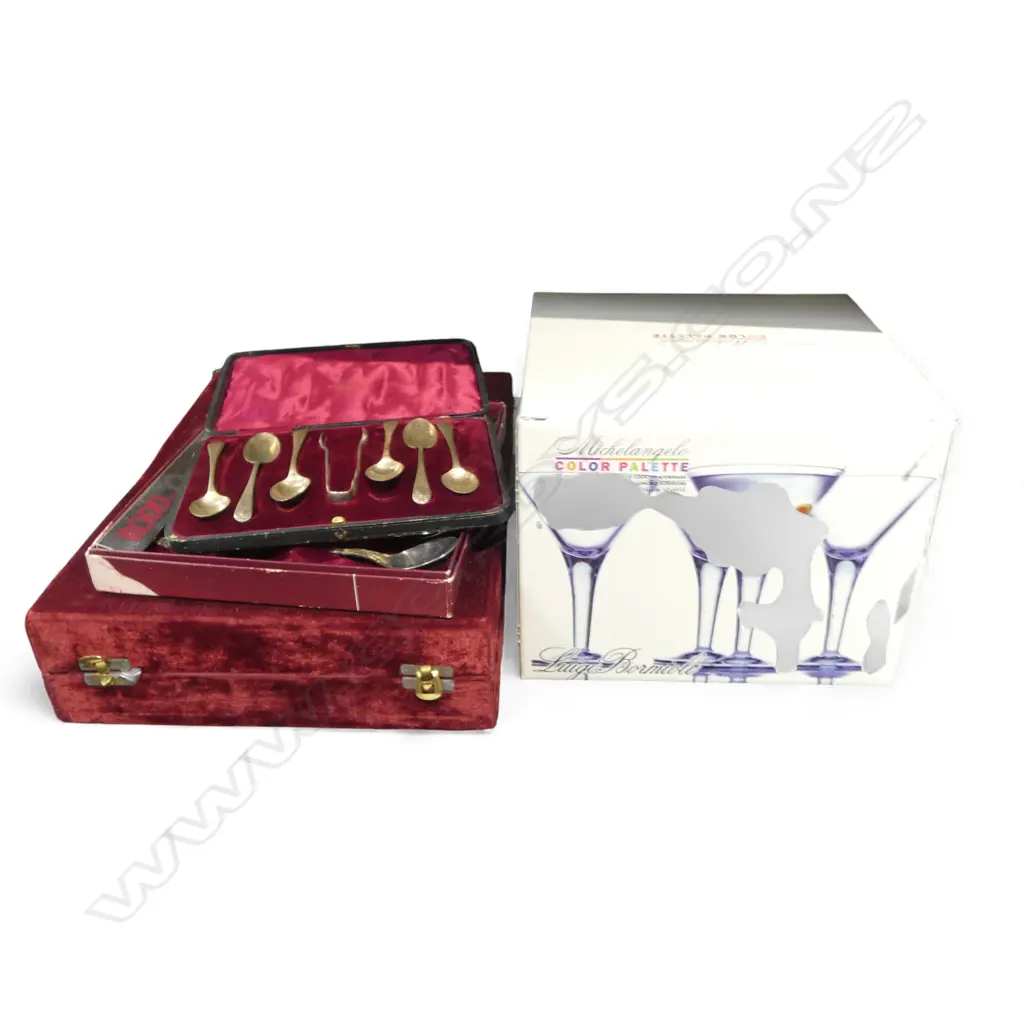 4 COCKTAIL GLASSES, 6 EP GOBLETS, 6 TEASPOONS & TONGS, 6 RODD SUNDAE SPOONS, ALL BOXED Image 1++