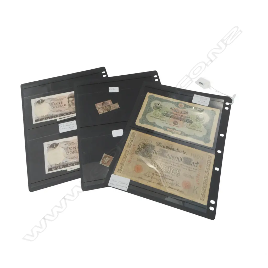 3 PAGES; 6 CONSECUTIVE FLEMING $1 BANK NOTES, 2 EARLY 20thC BANK NOTES, STAMPS (FULL FACE QUEEN) Image 1++