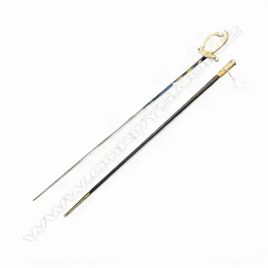 c.1900 FRENCH GILT BRASS & MOP COURT SWORD. Black leather scabbard. Fancy blued tri-form steel blade. L.990mm.