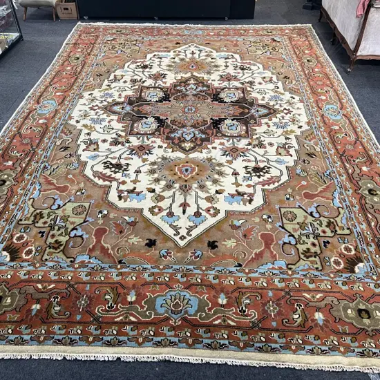 MASSIVE HAND KNOTTED PERSIAN HERIZ CARPET wool on cotton. 1 small area of insect damage. 5040 x 3660mm.