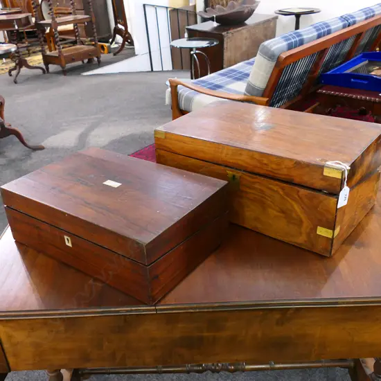 2 ANTIQUE WRITING SLOPES both w. faults, one without fitted interior