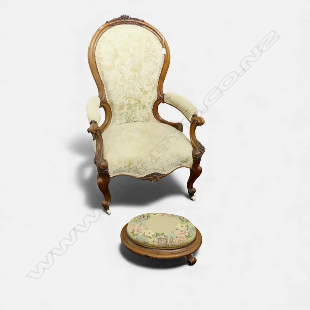 VICTORIAN GRANDFATHER CHAIR + NEEDLEWORK OVAL FOOT STOOL Image 1++