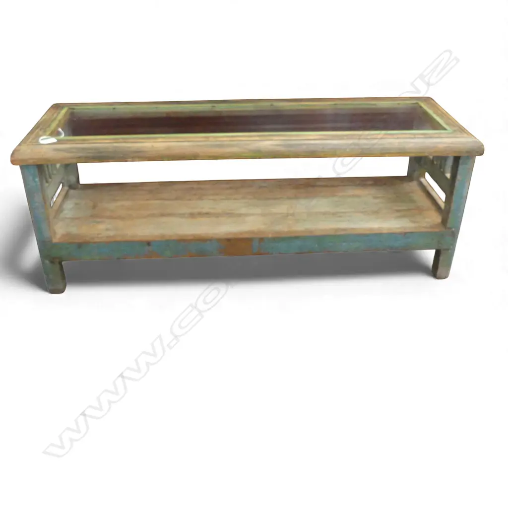 RUSTIC COFFEE TABLE, GLASS TOP 420 x 1200 x 450mm Image 1++