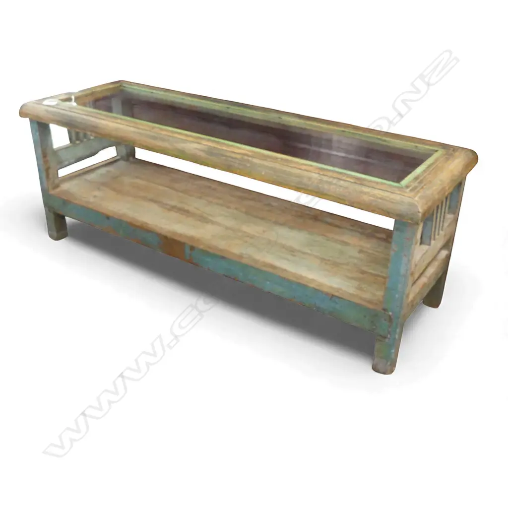 RUSTIC COFFEE TABLE, GLASS TOP 420 x 1200 x 450mm Image 1++