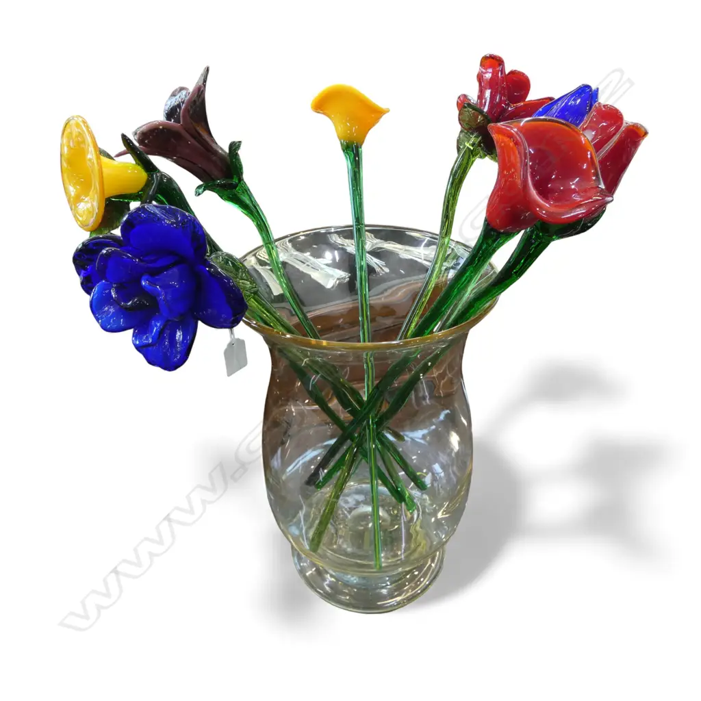 GLASS VASE H.360mm + 9 ART GLASS FLOWERS  Image 1++