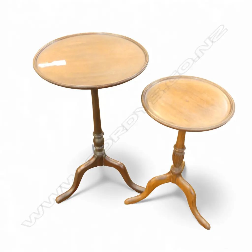 2 MAHOGANY WINE TABLES; LARGER H.630mm, 370mm dia both w. repairs Image 1++