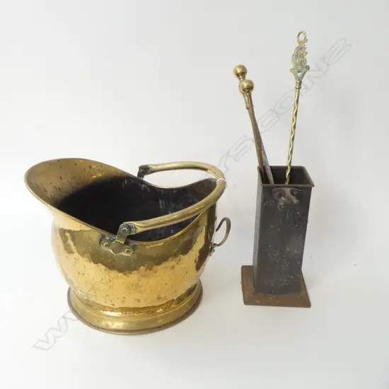 BRASS COAL BUCKET H.260mm + 3 FIRE TOOLS & CONTAINER