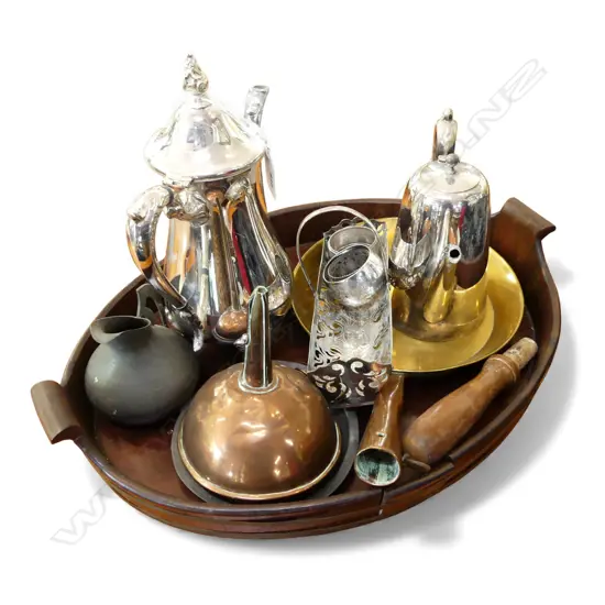 MAHOGANY OVAL TRAY AF W.490mm, ASST. EP, COPPER FUNNEL, BRASS PAN, PEWTER JUG