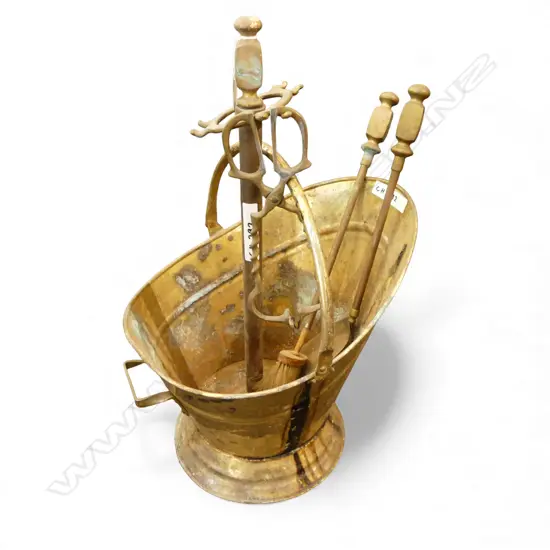 BRASS COAL BUCKET + STAND & 3 FIRE TOOLS H.550mm