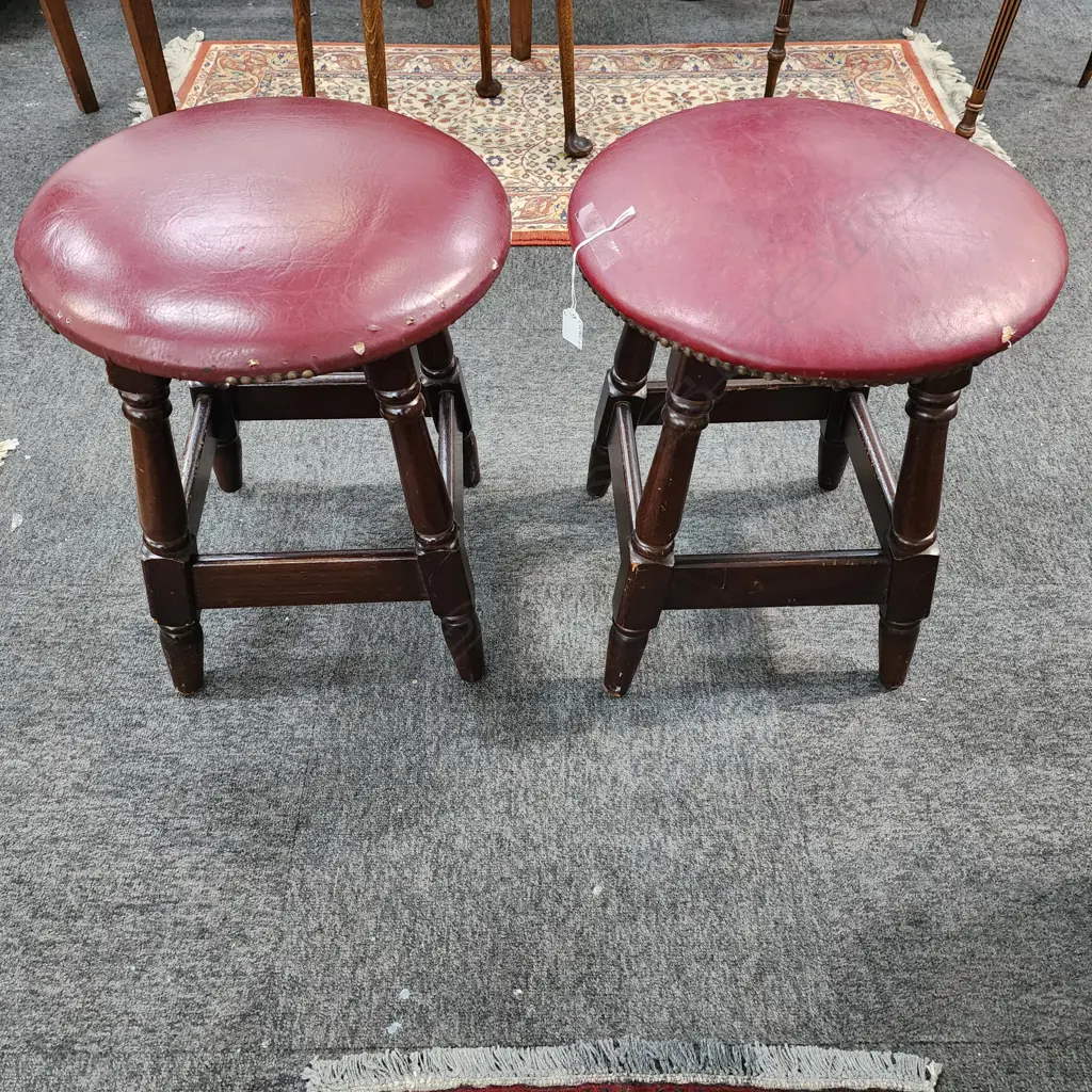 HEAVY PAIR OF VINTAGE WOODEN STOOLS – DARK WOOD WITH RED UPHOLSTERED SEATS  Image 1++