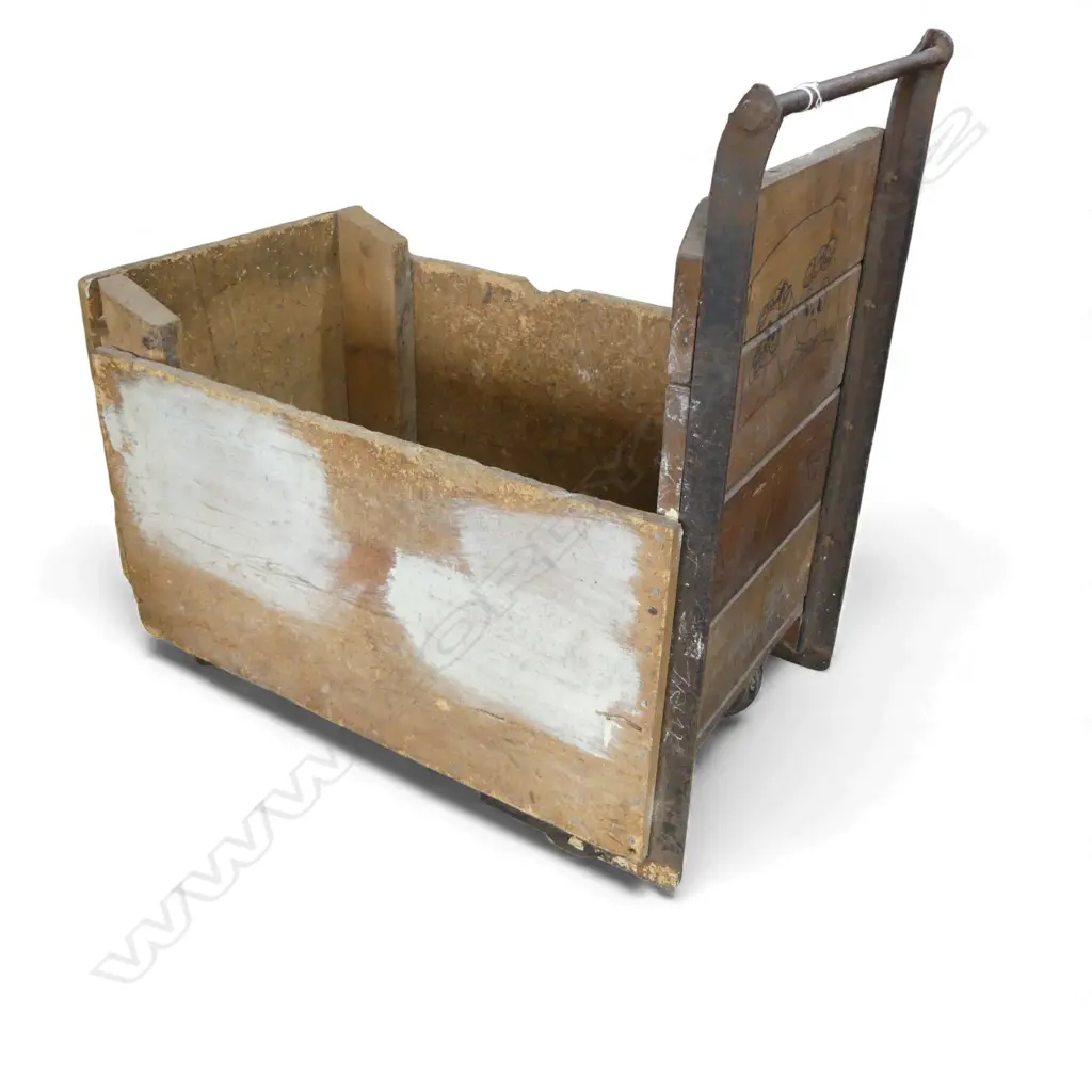 Old dock yard trolley. Metal frame with wood & particle board boards. 850 x 460 x 860mm.Ex. A Foster & Co. Ltd. Auckland Image 1++