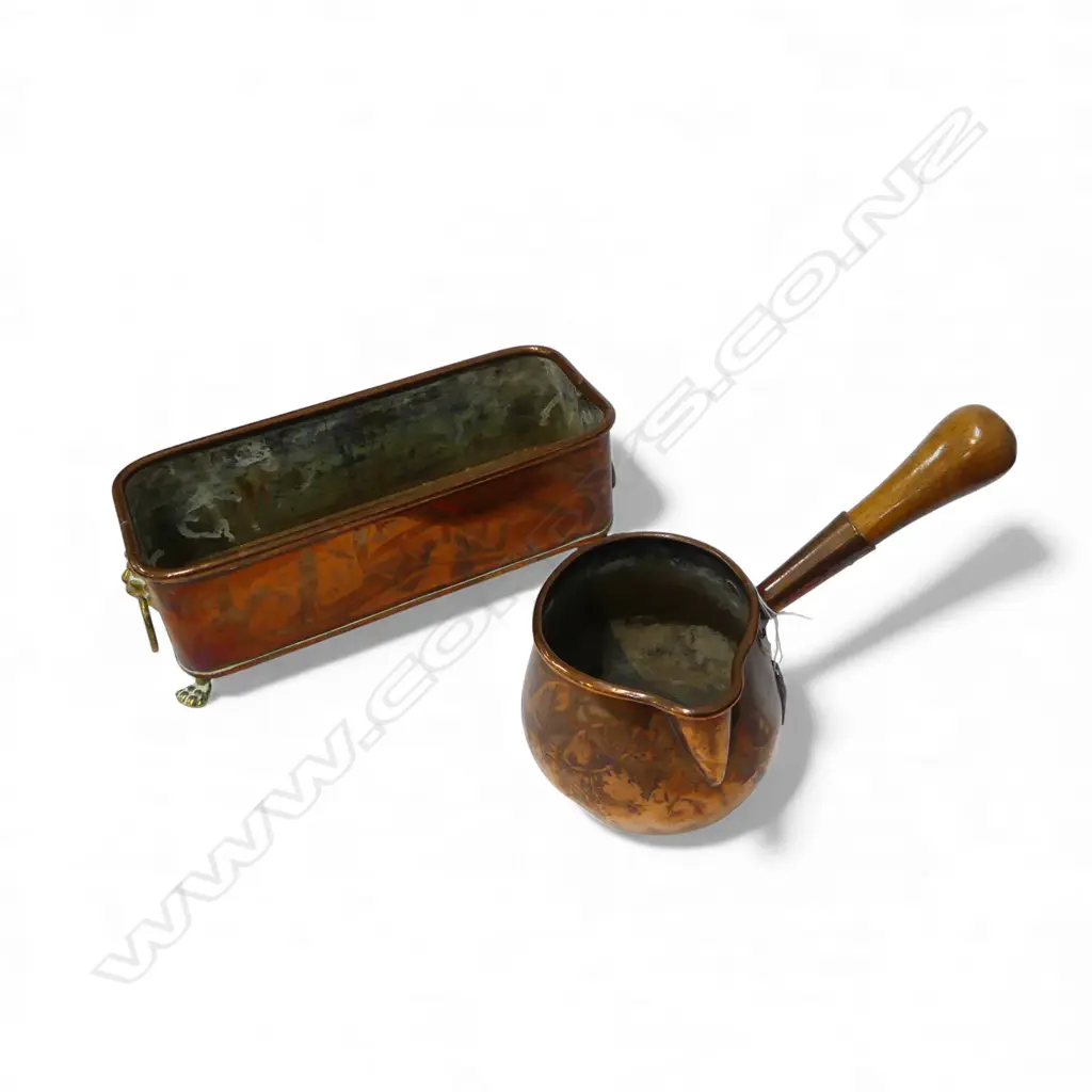 2 COPPER PCES; PLANTER W.300mm & POT w. WOODEN HANDLE Image 1++