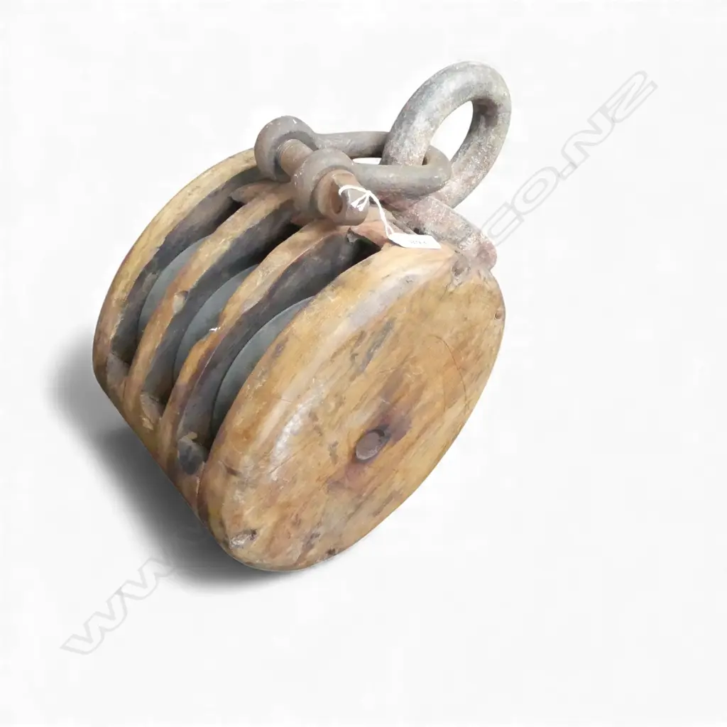 Vintage large wooden triple pulley block with hook L.410mm + hook. Ex. A Foster & Co. Ltd. Auckland Image 1++
